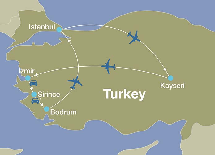 Map showing route, destinations, and transportation used during luxury trip through Turkey