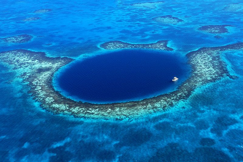 Aerial view of the Blue Hole in Belize from private plane 