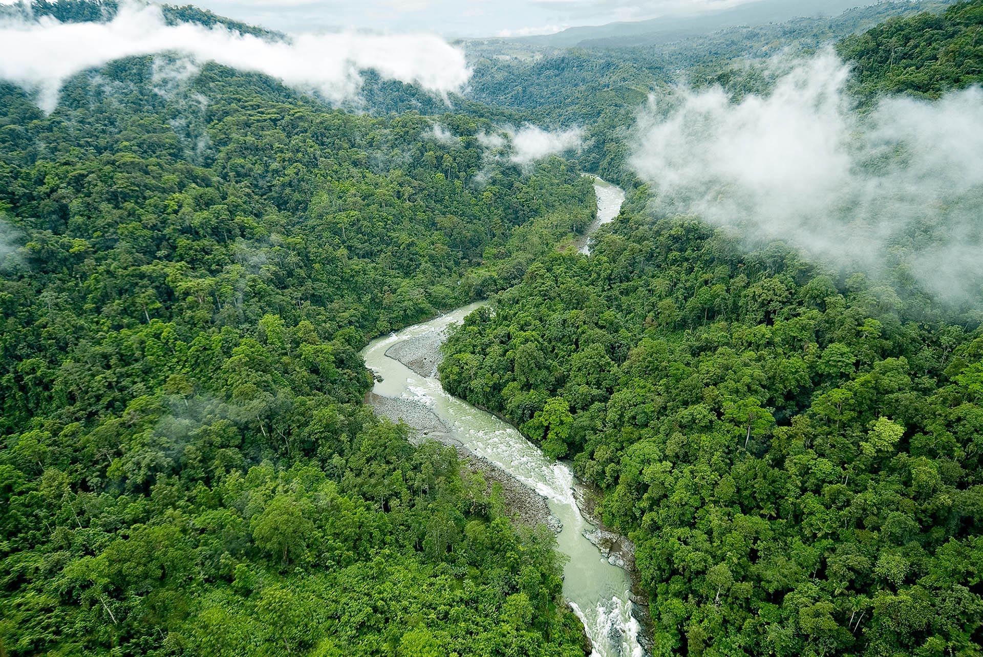 Aerial view of the Pacuare River winding through the lush rainforest of Costa Rica during a luxury tour