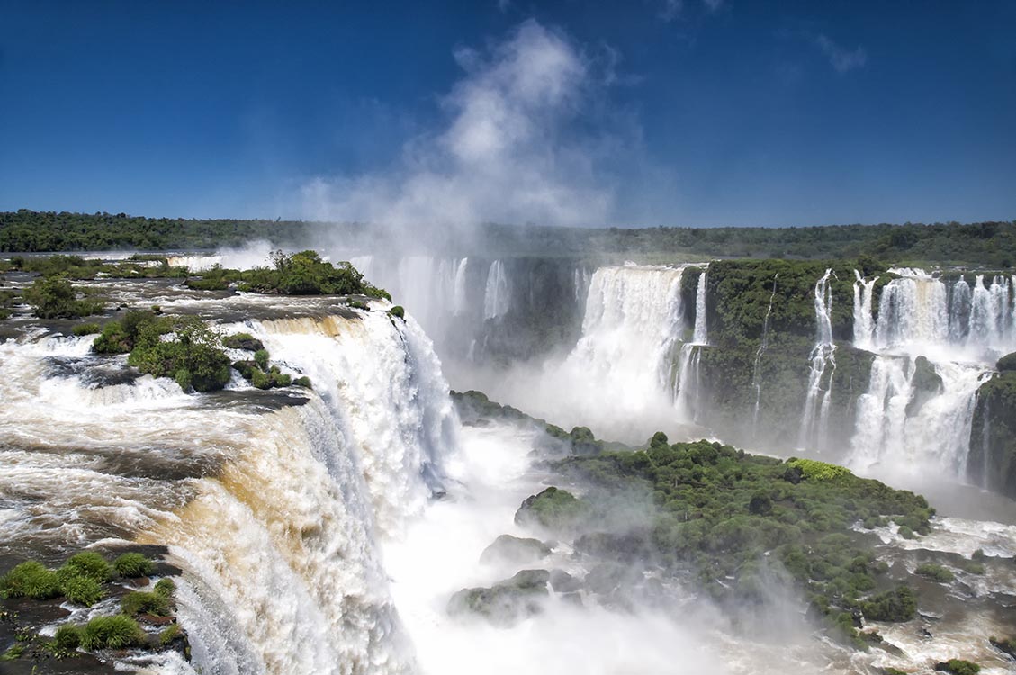 Water flowing over the edge of Iguazu Falls with plants growing between individual falls
