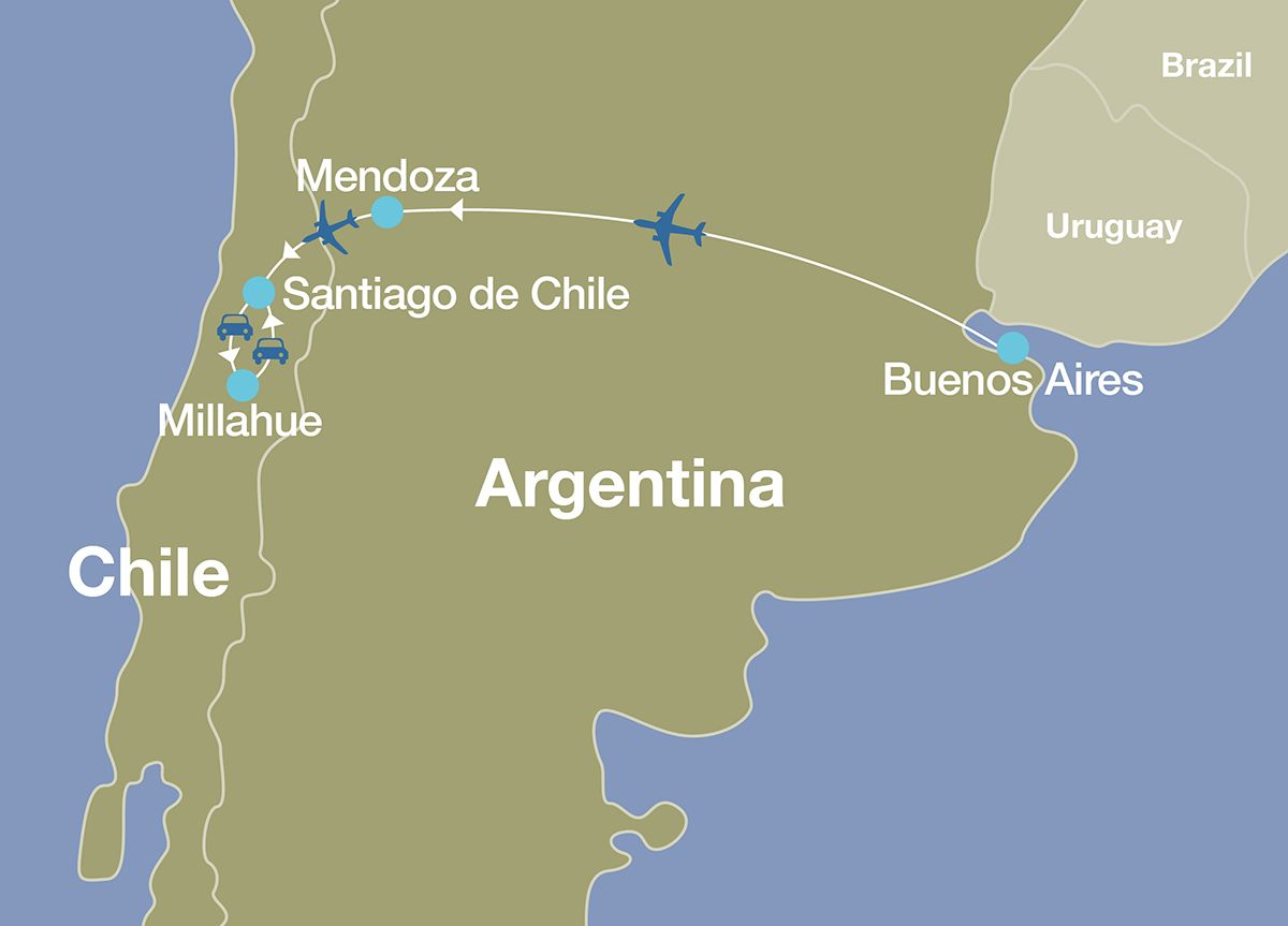 Map showing route, destinations, and methods of transportation of luxury Wine Tours in Argentina and Chile