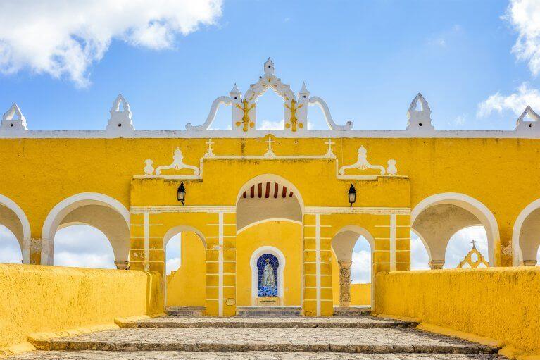 Colonial Franciscan monastery painted canary yellow in Izamel, Mexico on the Yucatan peninsula