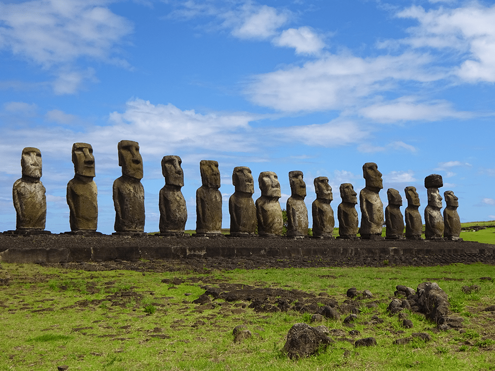 Line of fifteen Moai statues on Easter Island