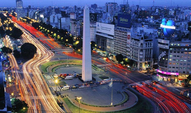Aerial timelapse shot of traffic around the Obelisk in Avenida 9 de Julio just after sunset in Buenos Aires