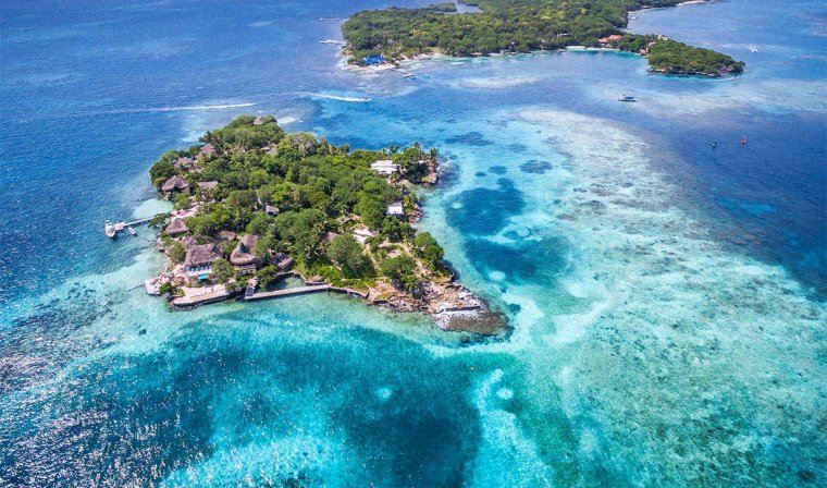 Aerial view of the Rosario Islands off of the coast of Cartagena