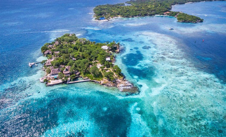 Aerial view of the Rosario Islands off of the coast of Cartagena