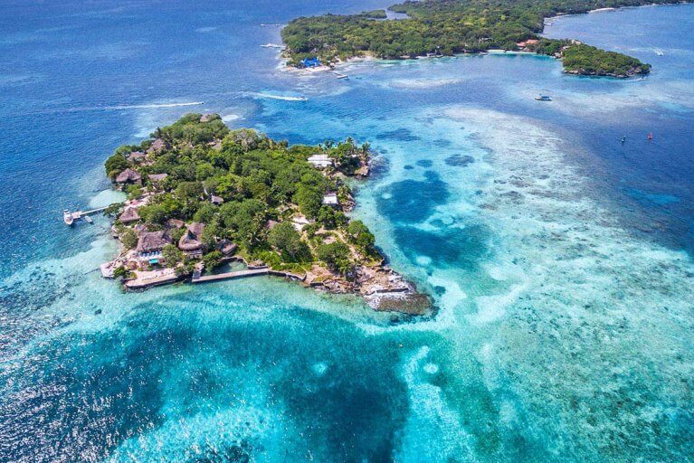 Aerial view of the Rosario Islands off of the coast of Cartagena