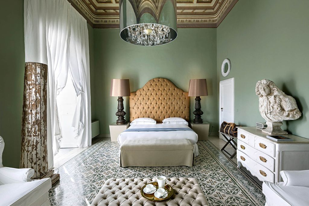 A view of the bed in the suite in Seven Rooms Villadorata in Noto