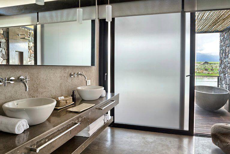 Bathroom of a Deluxe Villa with an outdoor shower The Vines Resort in Mendoza, Argentina