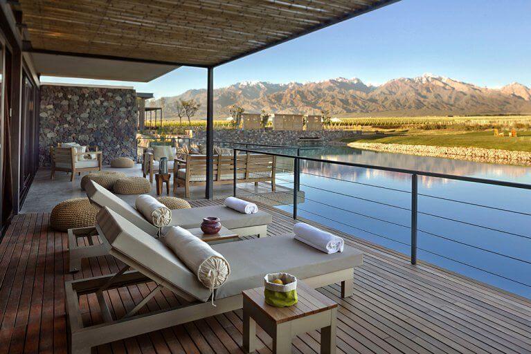 Balcony of private two bedroom villa looking out onto lake at The Vines Resort in Mendoza, Argentina