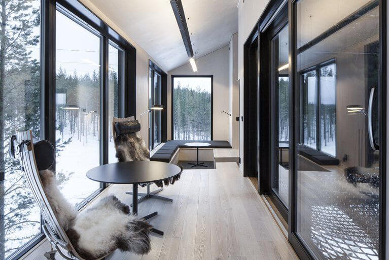 Interior view of a room in Treehotel, located in Swedish Lapland