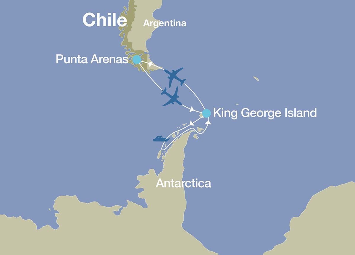 Map showing the itinerary for a private yacht charter in Antarctica aboard the Hanse Explorer