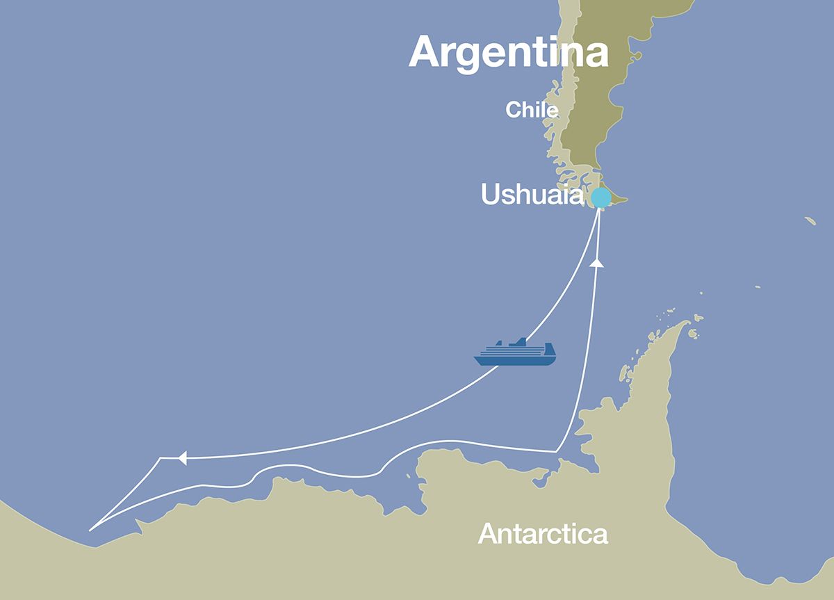 Map showing the itinerary for a luxury cruise in Antarctica to the Ross Sea aboard the Commandant Charcot