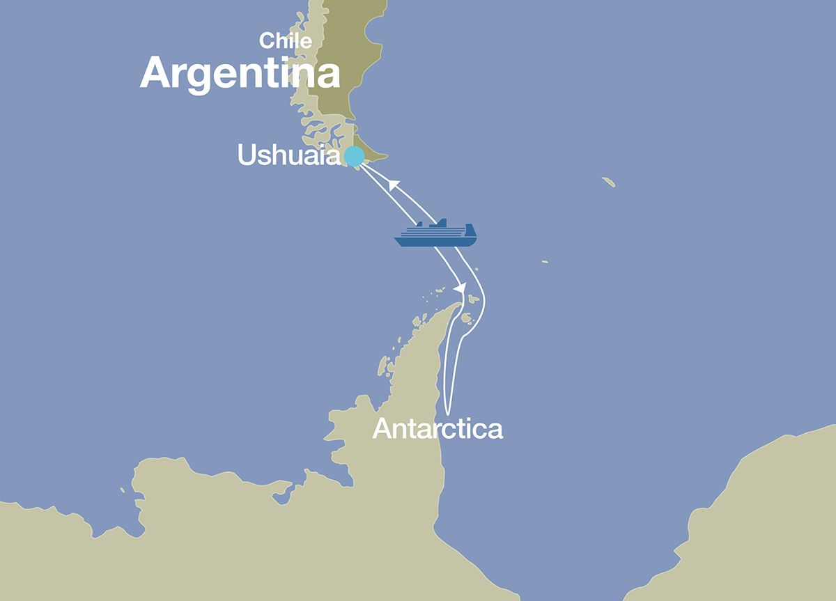 Map showing the itinerary for a luxury cruise of the Weddell Sea in Antarctica, beginning and ending in Ushuaia