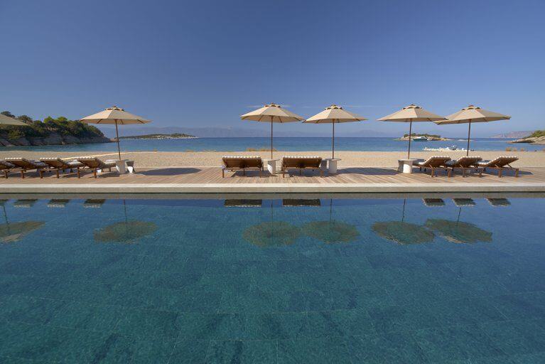 Looking out to the sea from pool at Amanzoe Beach Club