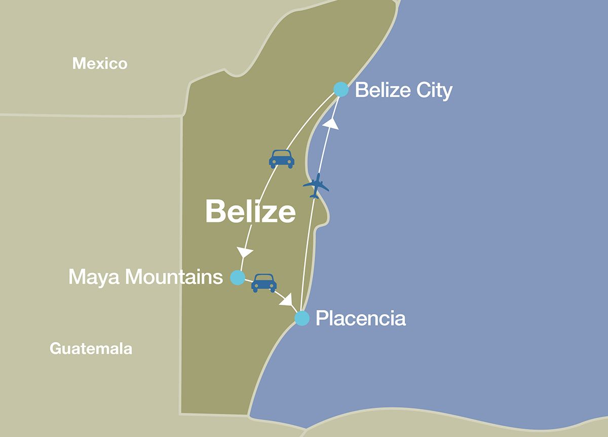 Map of a Belize luxury tour including stops in the Maya Mountains and Placencia