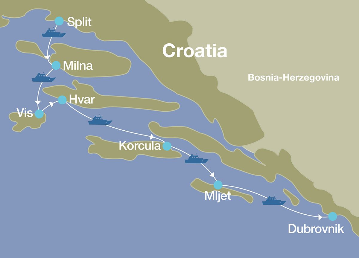 Map of a luxury private yacht charter in Croatia with stops in Split, Milna, Hvar, Vis, Korčula, Mljet, Dubrovnik