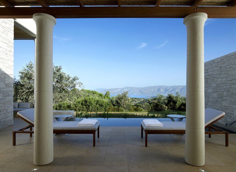 Private infinity pool of Deluxe Pavilion with view of countryside at Amanzoe luxury hotel on Peloponnese peninsula
