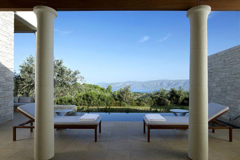 Private infinity pool of Deluxe Pavilion with view of countryside at Amanzoe luxury hotel on Peloponnese peninsula