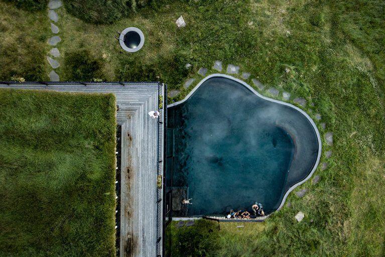 Bird's eye view of the outdoor pool at the Deplar Farm luxury hotel