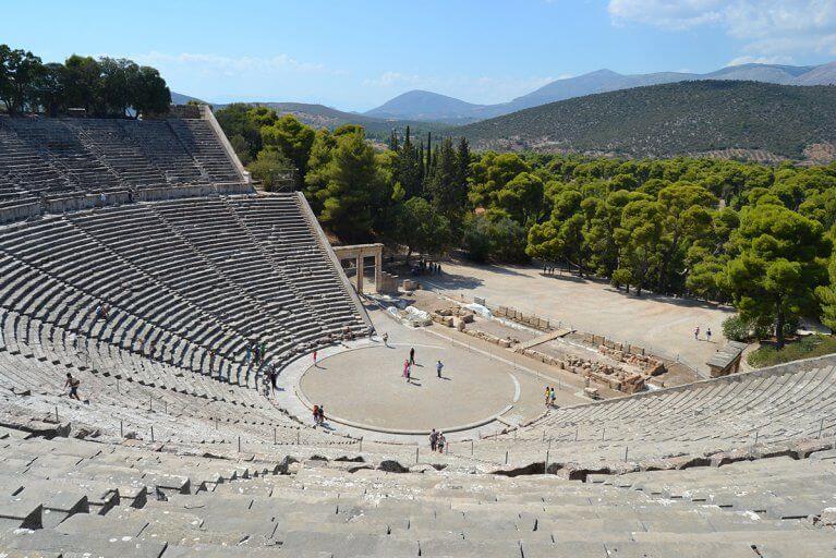Looking down at stage in ancient Greek Epidaurus theater