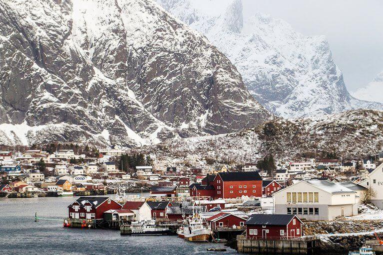Fishing village during a snowy winter in Lofoten