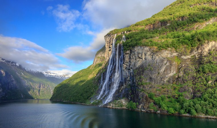 View of Seven Sisters waterfall along Geirangerfjord in Alesund Norway