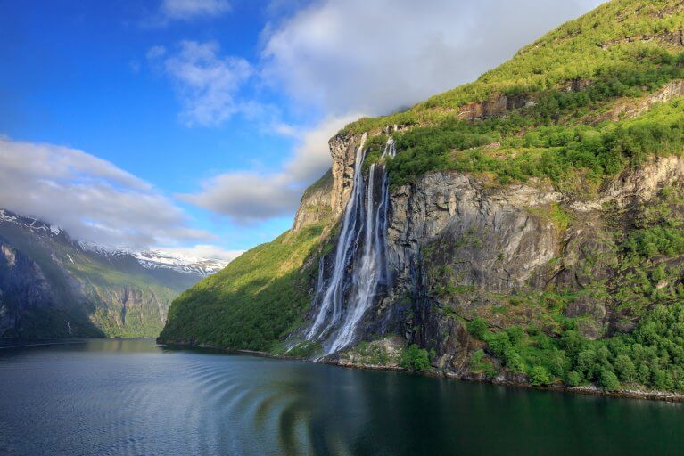 View of Seven Sisters waterfall along Geirangerfjord in Alesund Norway