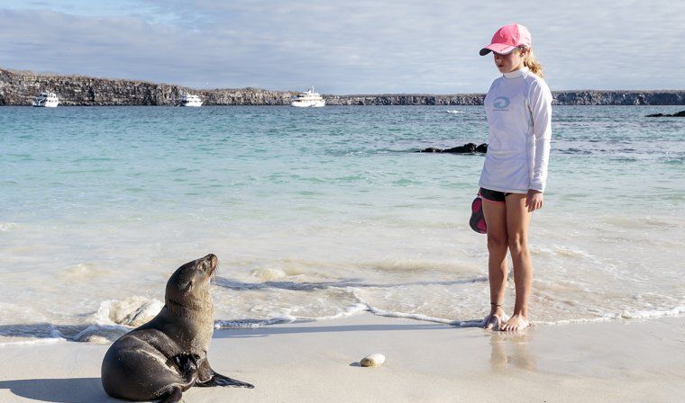 Girl and seal facing each other on a beach on a luxury tour of Galapagos Islands