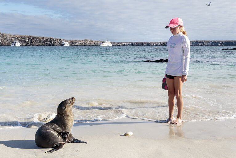 Girl and seal facing each other on a beach on a luxury tour of Galapagos Islands