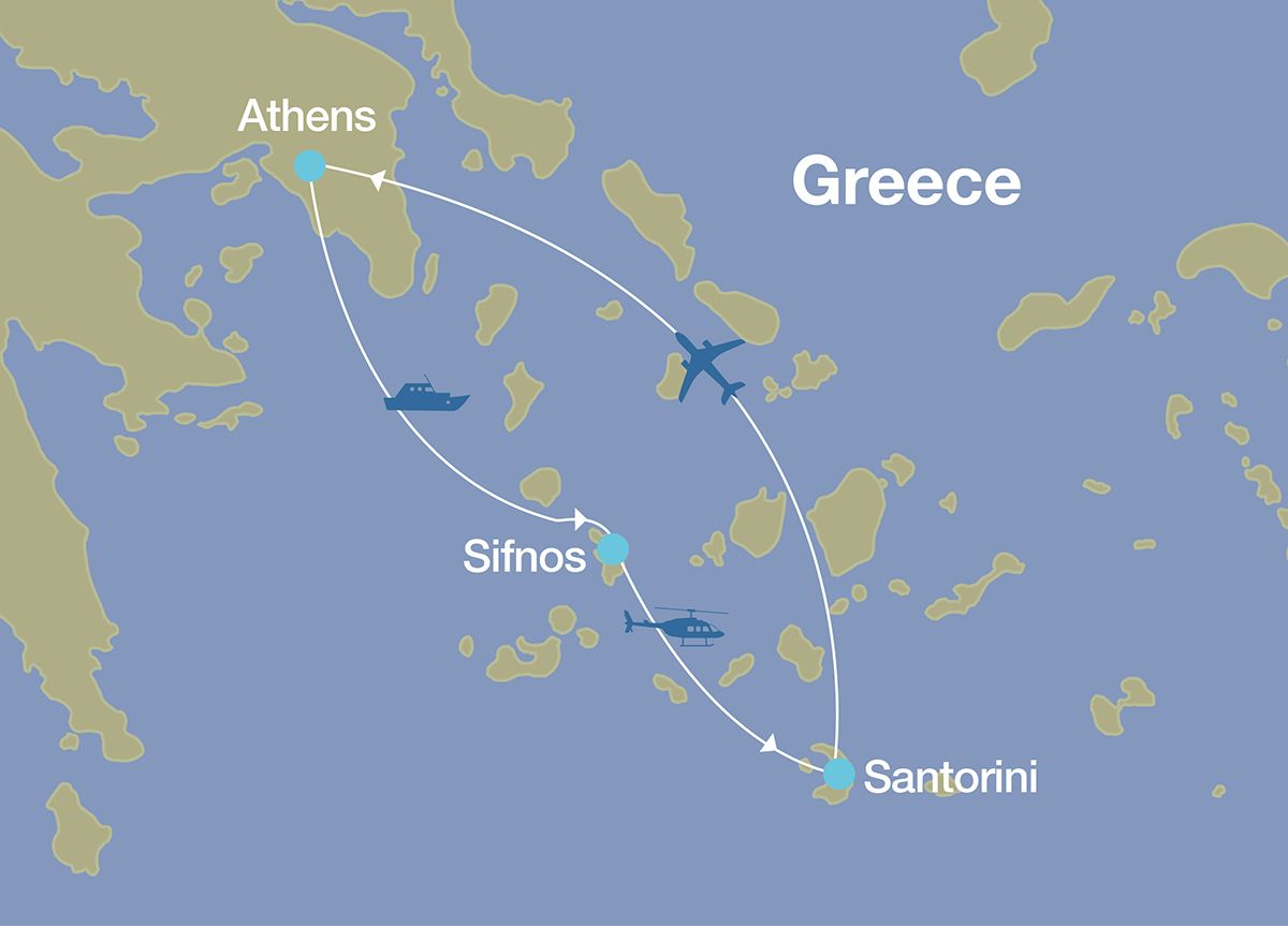 Map showing route, destinations, and transportation of luxury vacation in Cyclades Islands, Greece