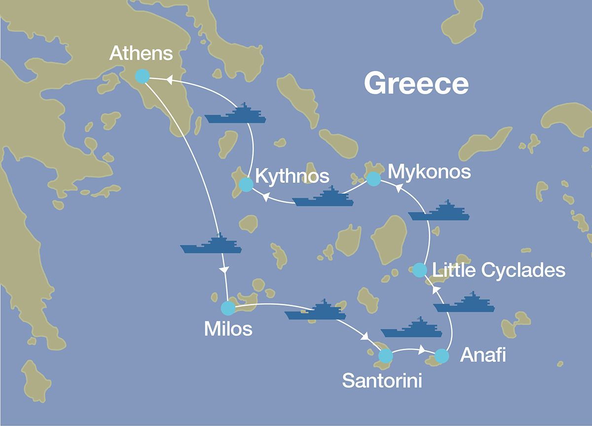 Map showing route and destinations of luxury Private Yacht journey in Greece