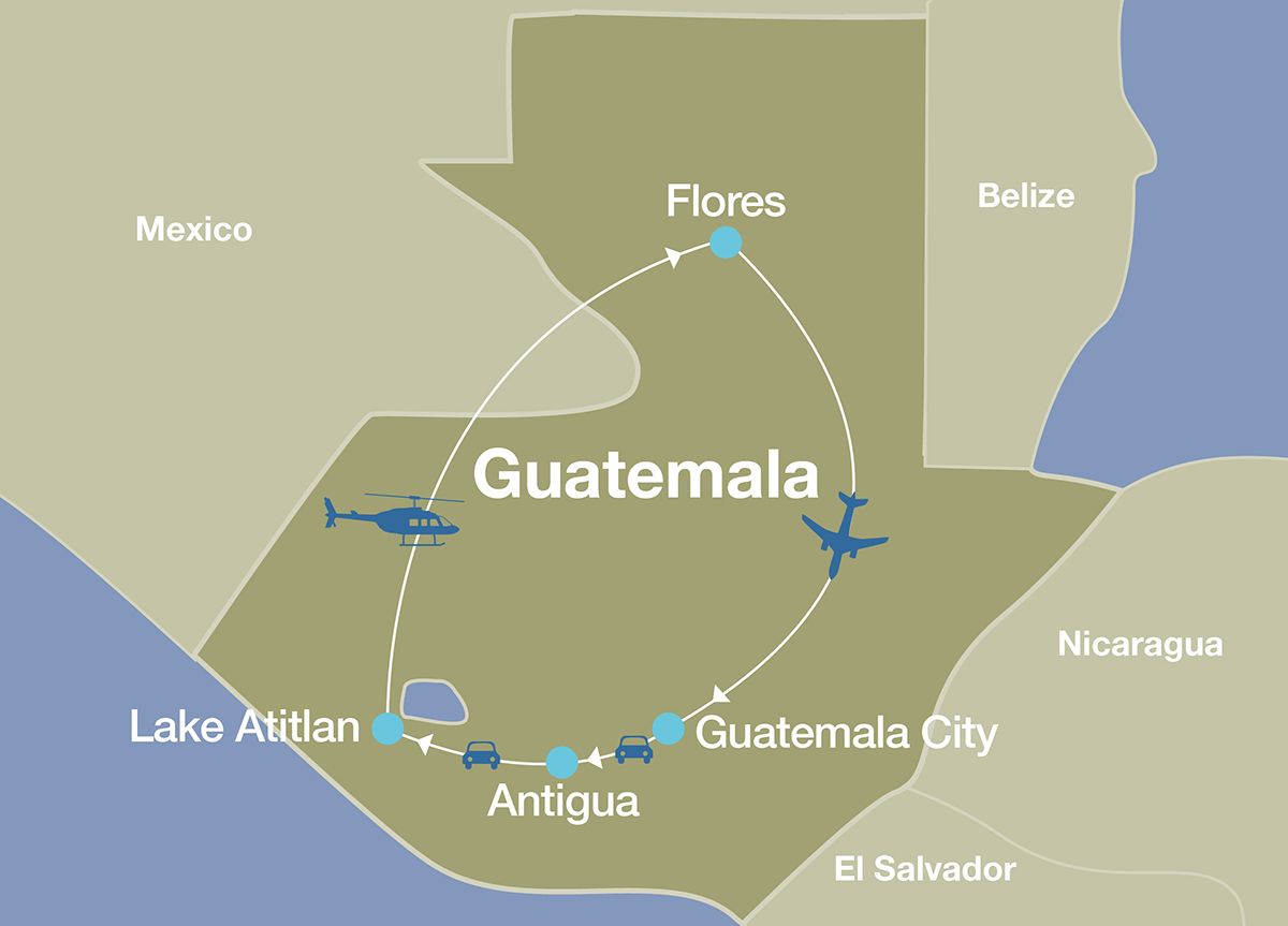 Map of a private Guatemala tour including stops in Antigua, Lake Atitlan, and Flores