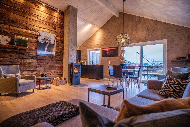 Interior of a cozy wooden cabin at Hattvika Lodge