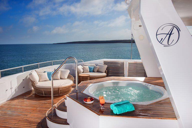 Jacuzzi on aft deck of private luxury yacht sailing in Galapagos Islands