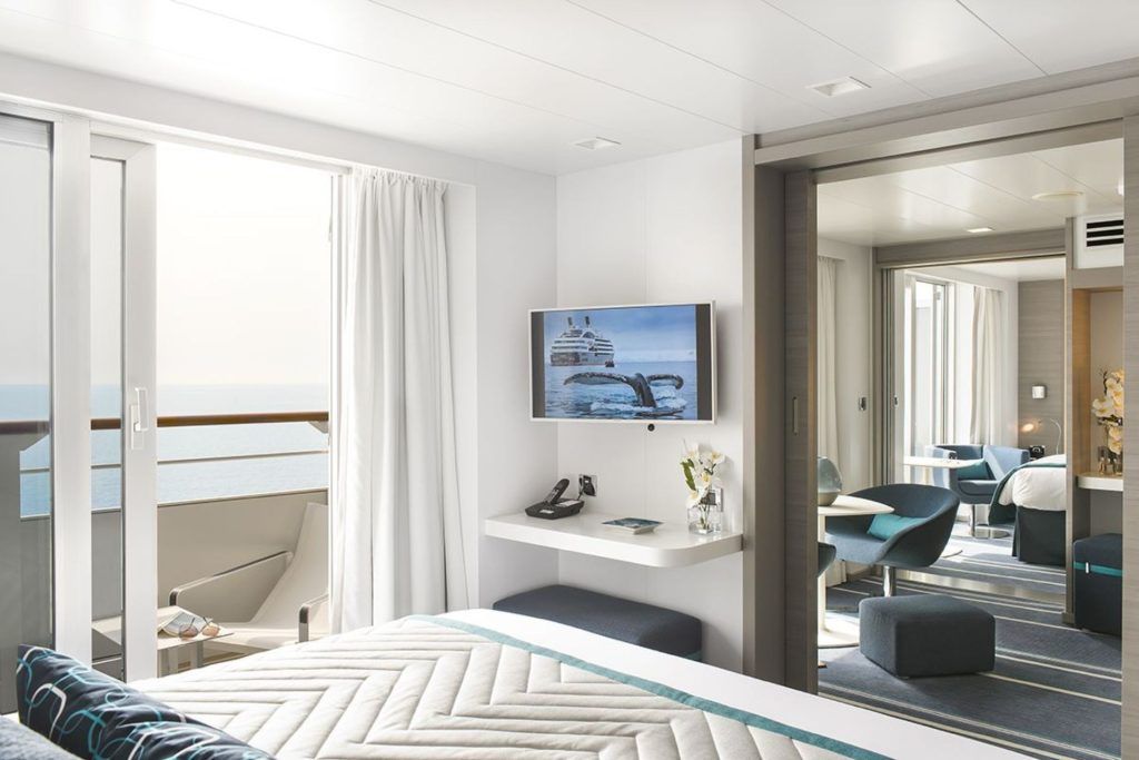 Interior suite of the Le Commandant Charcot luxury cruise ship in the Antarctic Peninsula