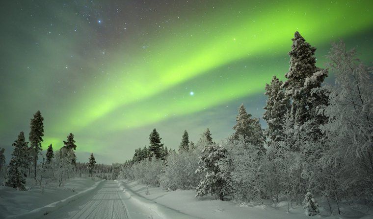 The Aurora Borealis at night in wintery landscape above the arctic circle
