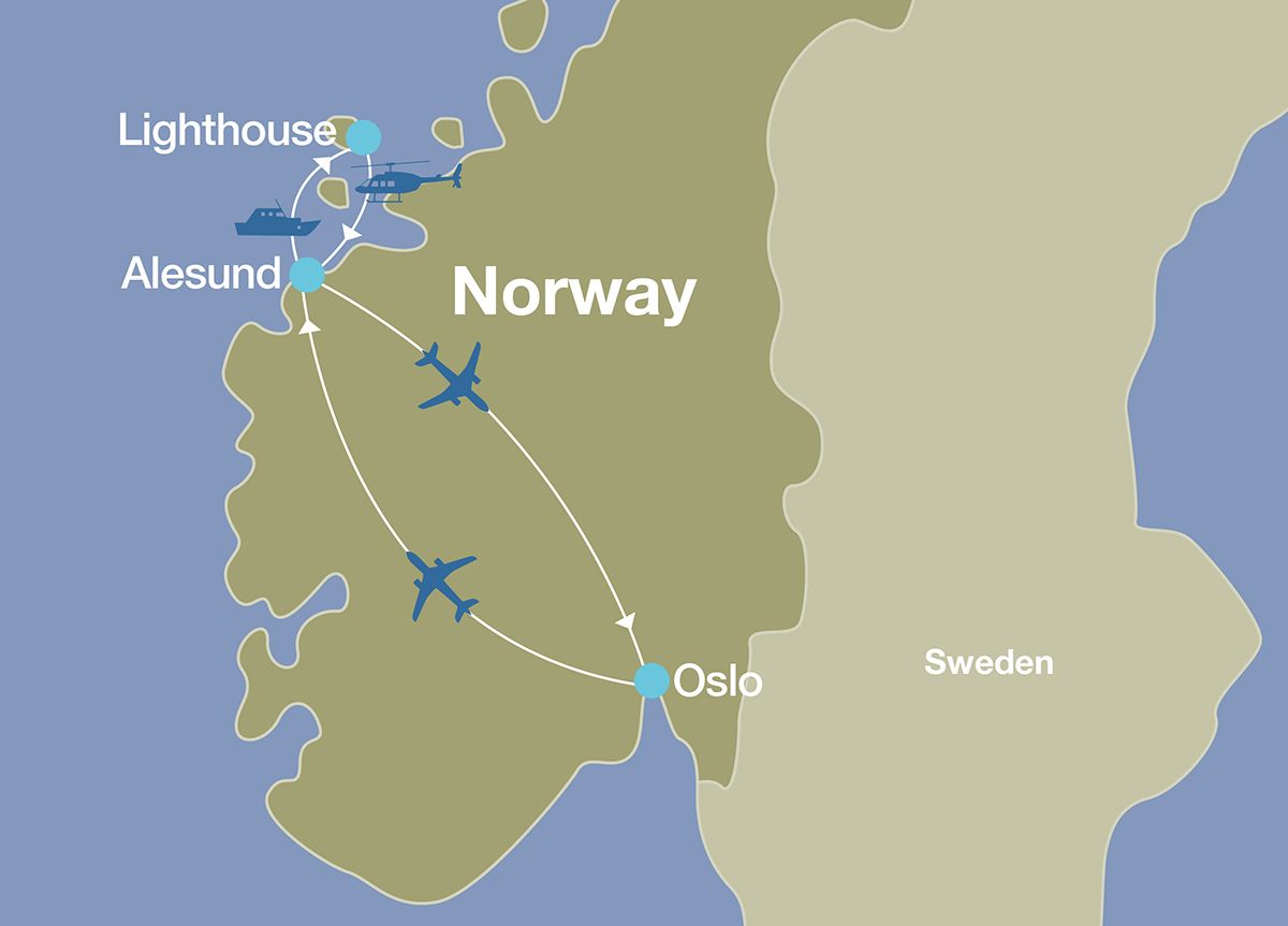Map showing the itinerary for a Norwegian Fjords luxury tour