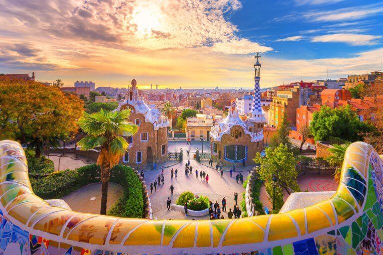 Looking down at colorful mosaics and architecture by Gaudi in Park Guell in Barcelona, Spain
