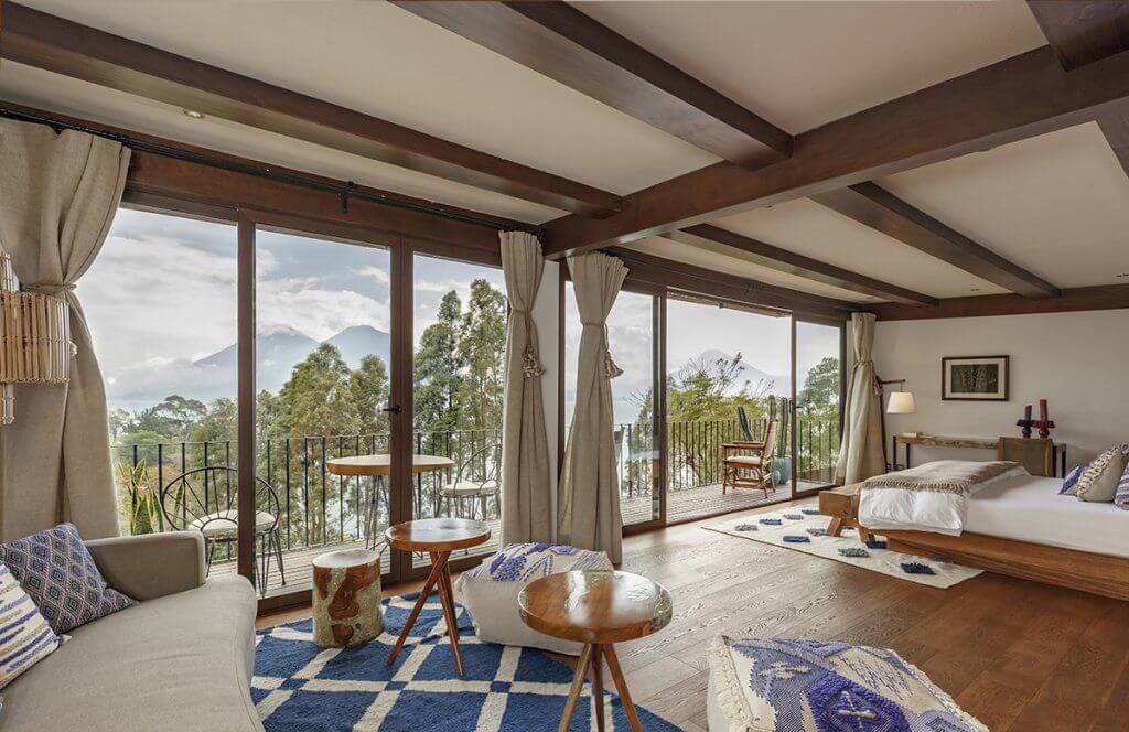 Interior view of a suite at Casa Palopo, a luxury hotel at Lake Atitlan in Guatemala