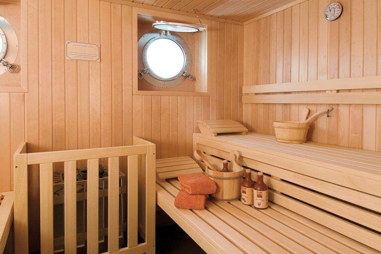 Interior view of the sauna aboard the private yacht available for charter in Antarctica