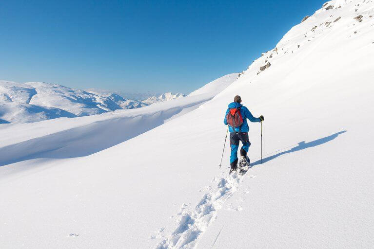 Snowshoe trekking excursion up a snowy slope