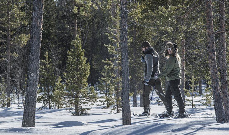 Man and woman on a snowshoe excursion through the woods
