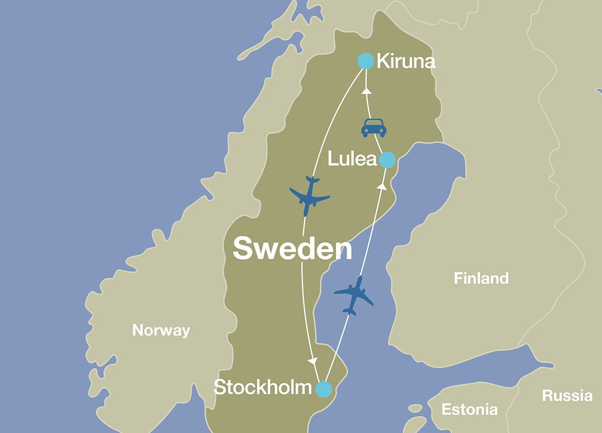 Map showing the itinerary for a luxury tour of Swedish Lapland