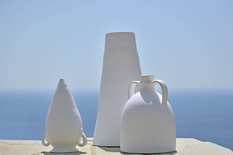 Close up of traditional white pottery from Cyclades Islands in Greece