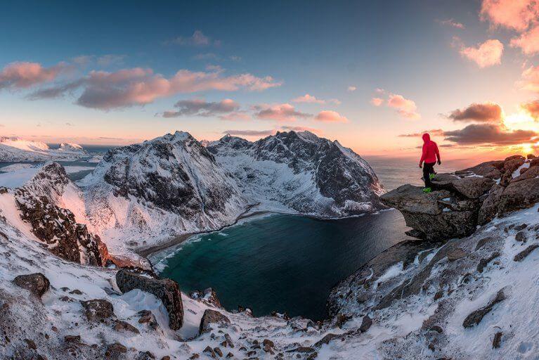 Winter hiking excursion at Ryten Mountain in Lofoten