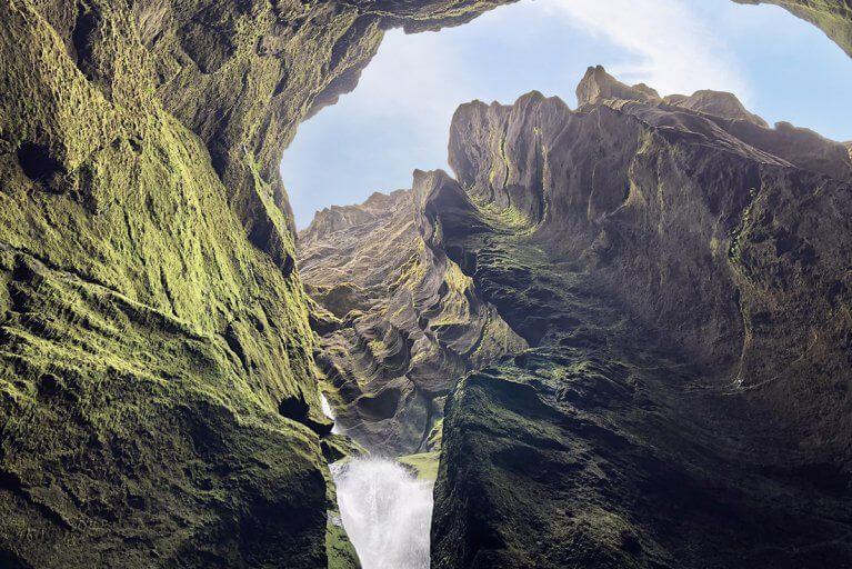 Looking up at a waterfall in Iceland