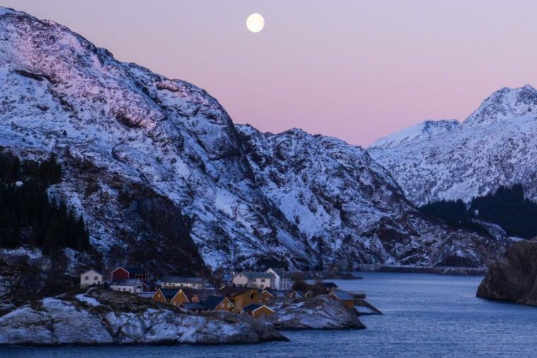 A blue and pink sunset over Nusfjord Village