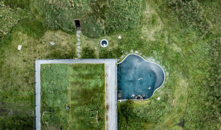 Aerial view of the outdoor pool at the Deplar Farm luxury hotel