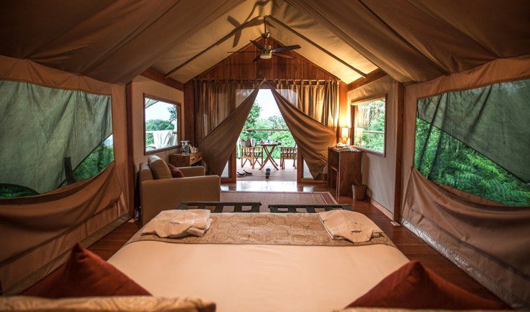 Interior of luxury tent at Safari Camp in Galapagos islands